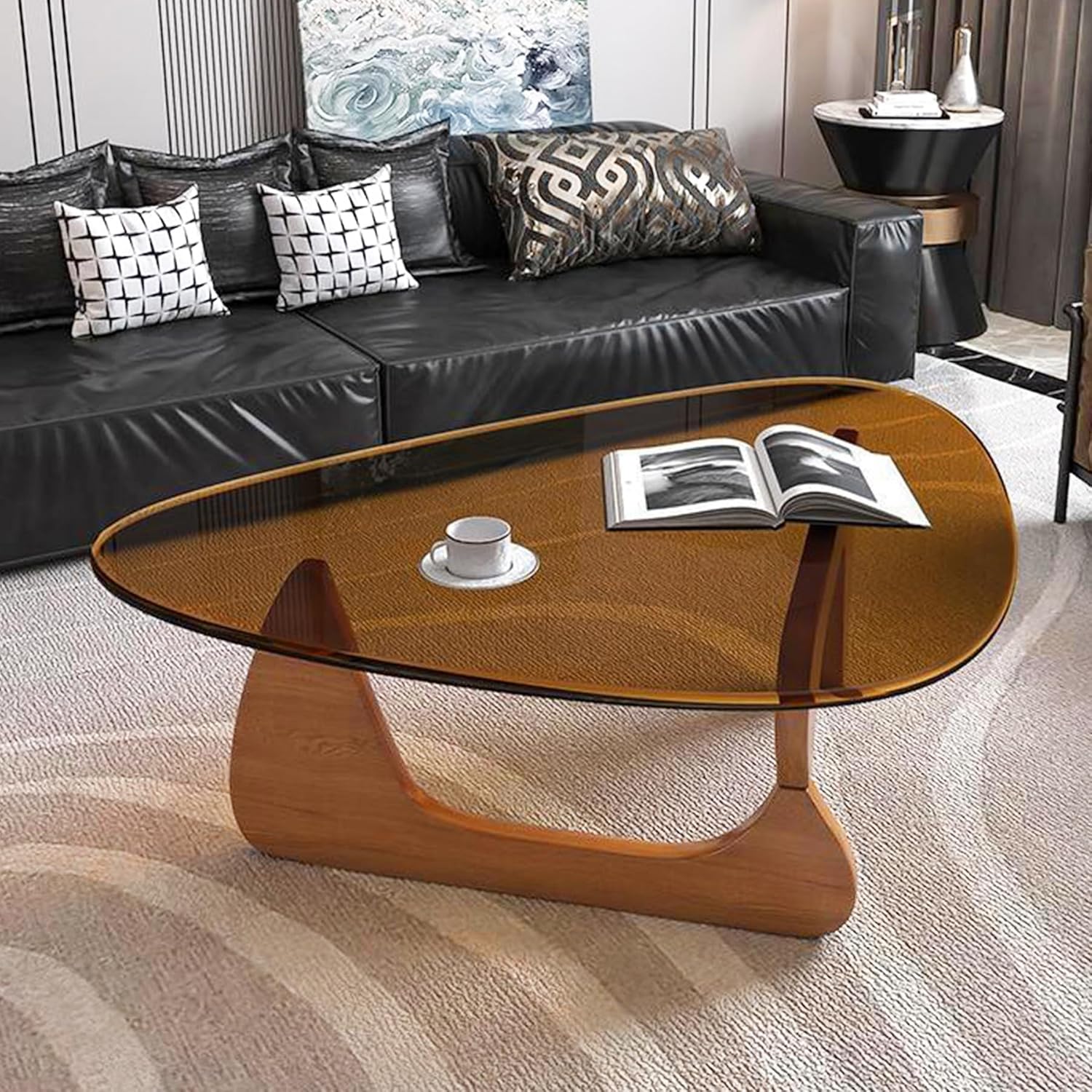 Small Coffee Table Modern Glass Coffee Table, Mid Century Coffee Tables for Living Room, Mesa de Centro para Sala, Rustic Oval Coffee Tables with Glass Top & Wood Base, (Walnut Brown, 31.5in)