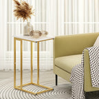 Function Home C Shaped End Table, Small Side Tables for Sofa Bed, Couch Tables That Slide Under, Drink Snack Table for Living Room Bedroom Small Space, White Wood Top and Gold Metal Frame