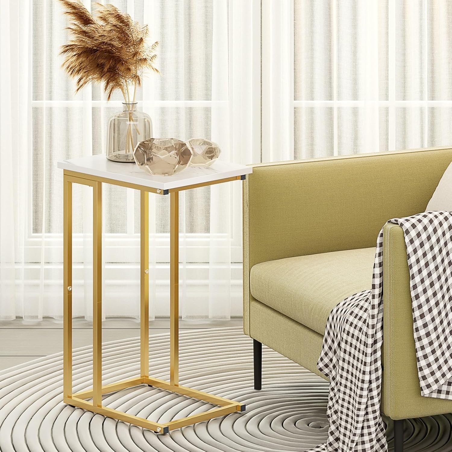 Function Home C Shaped End Table, Small Side Tables for Sofa Bed, Couch Tables That Slide Under, Drink Snack Table for Living Room Bedroom Small Space, White Wood Top and Gold Metal Frame