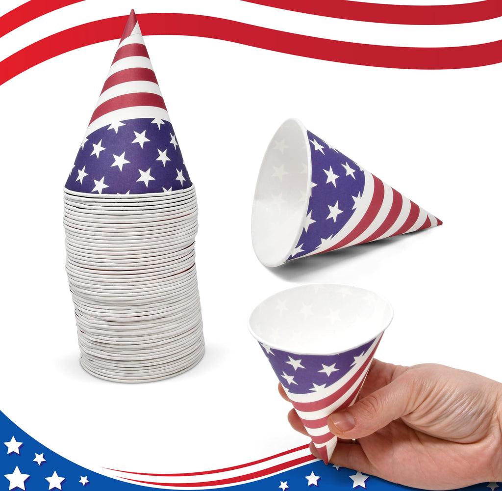 Подарочный бутик 100 штук патриотический снег, одноразовые бумажные конусы с американским флагом, чашка для слякоти, ледяного крема, сорбета, воды, дизайн с флагами США для замороженных угощений, украшения для праздника Дня независимости 4 июля