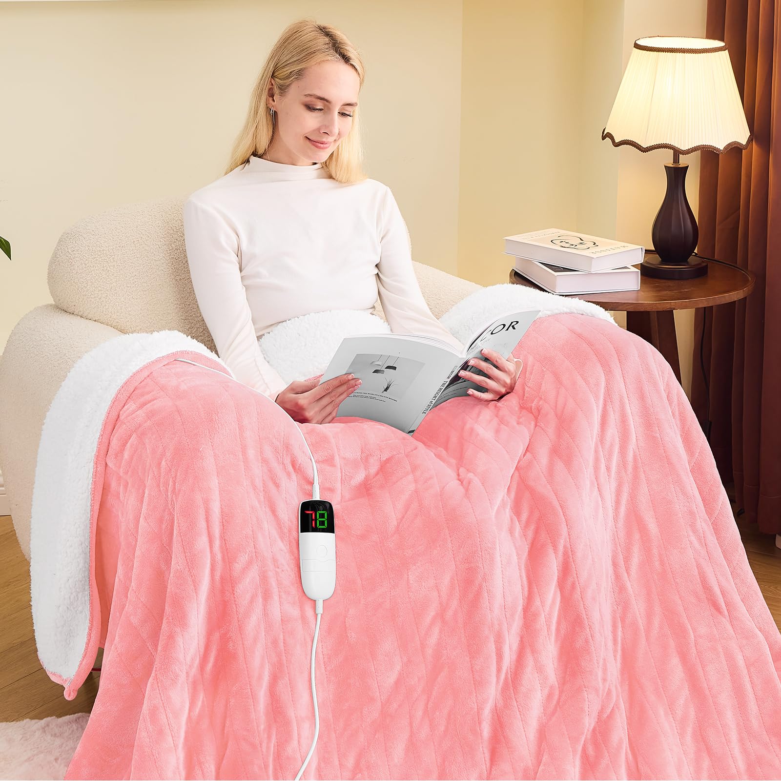 greenoak Heated Blanket Electric Throw 50"X60", Heating Blanket with 10 Heat Levels 1/2/4/6/8 Hours Auto-Off Overheat Protection, Flannel Sherpa Soft Warm Heater, ETL Certified Coral Pink