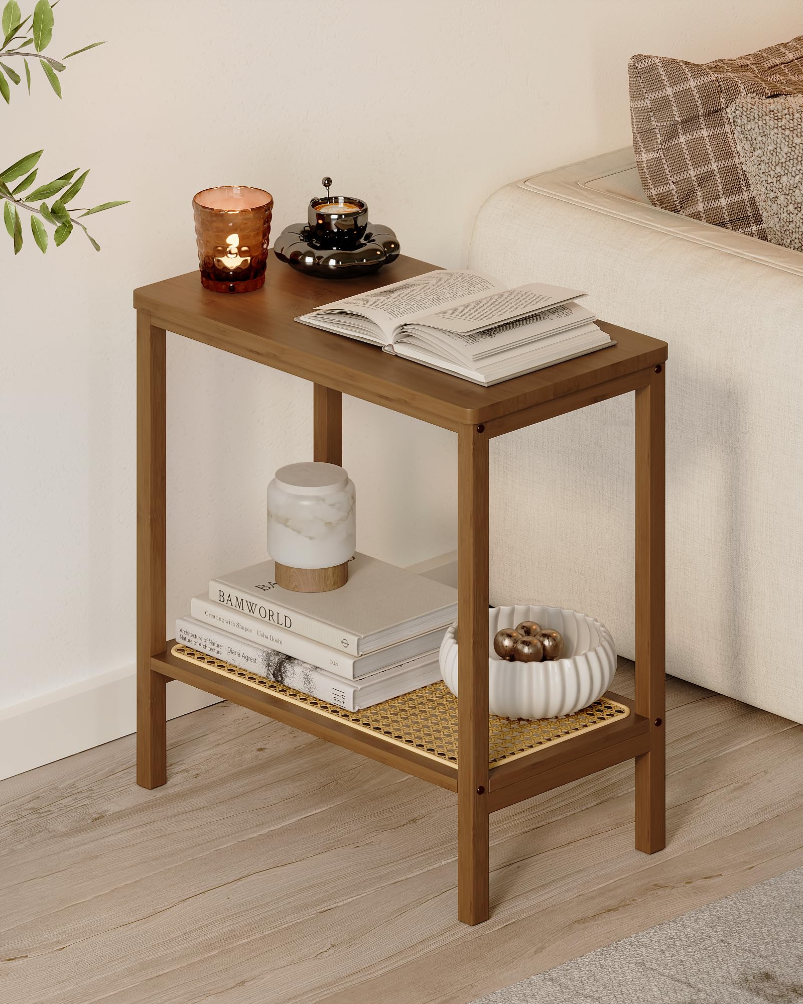 Rattan Side Table Mid Century Modern End Table 3-Tier with Storage Narrow Coffee Table Boho Night Stand Bamboo
