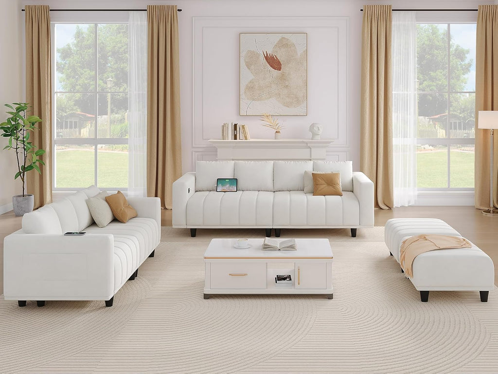 YITAHOME Sectional Sofa with Ottoman, L Shaped Couch Velvet Comfy Modern Sofa 3 Seater Cloud Couch with USB & Type-C Ports for Living Room Apartment, Beige