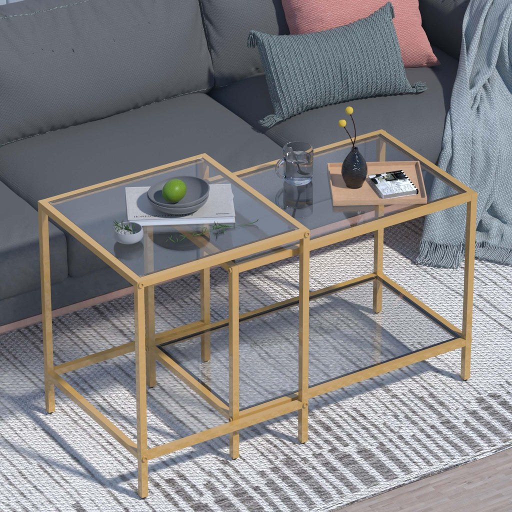 Nesting Coffee Table,Small Glass Coffee Table Set of 2,Black Modern Square Sofa Side Tea Table for Living Room,Bedroom and Small Spaces,2 Tier Tempered Glass with Sturdy Metal Frame, Easy Assembly
