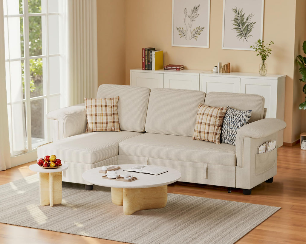 Homall Sleeper Sofa, Pull Out Sofa Couch Bed with Storage Reversible Chaise, L-Shaped Sofas with Side Pocket for Living Room, Small Space (Linen Fabric, Dark Grey)