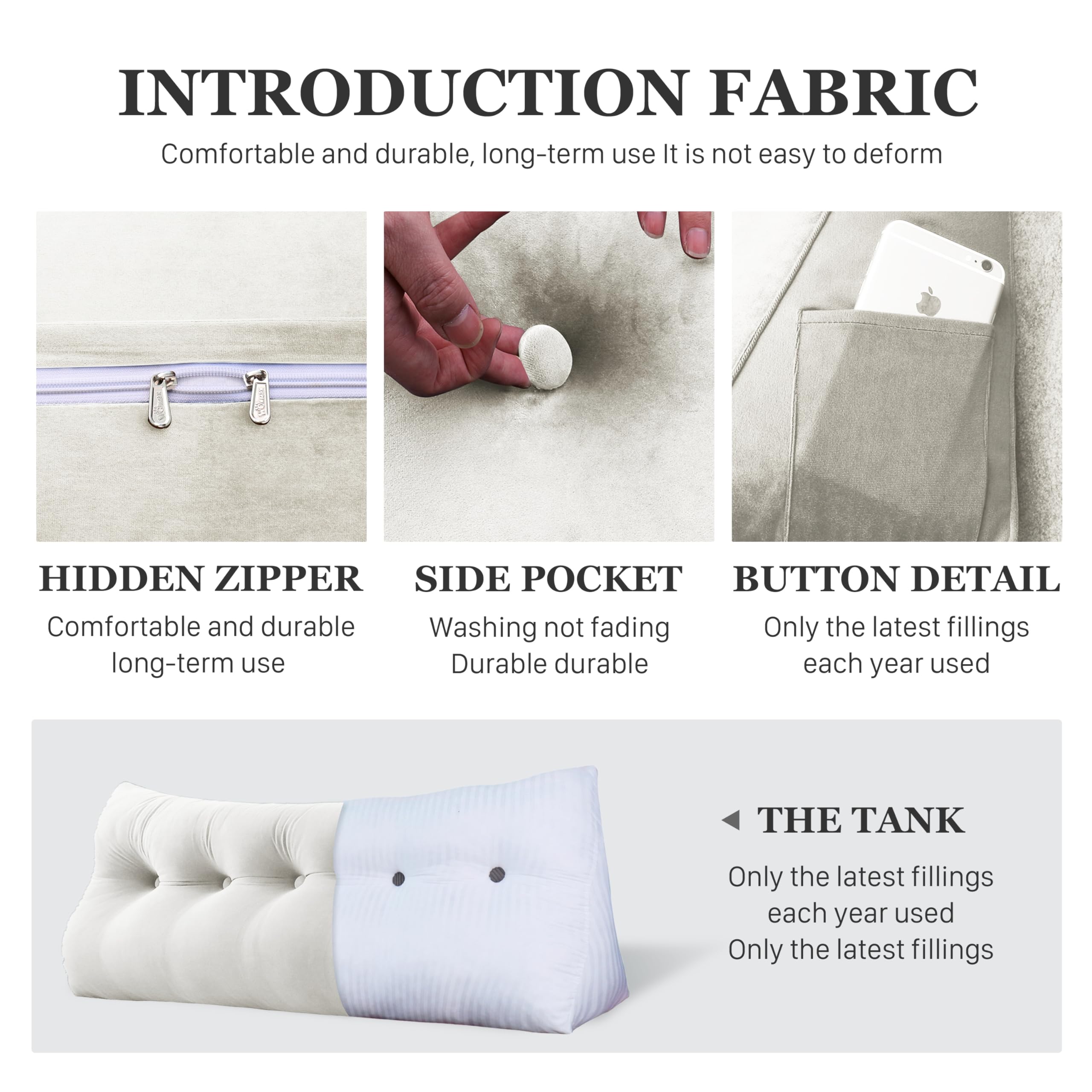 11 lbs Thickened Queen Headboard Pillow for Sitting Up in Bed, Back Support Reading Pillow with Side Pocket and Velvet Removable Cover, Triangular Large Wedge Headboard Pillow