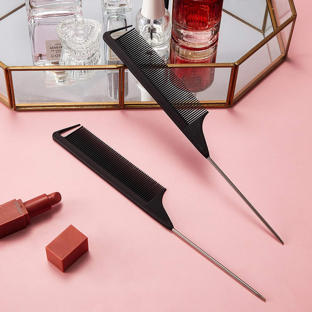 Boao 12 Packs Rat Tail Combs Black Hair Comb Stainless Steel Pin Tail Carbon Fiber Heat Resistant for Women Braids Hair Styling(Black)