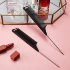 Boao 12 Packs Rat Tail Combs Black Hair Comb Stainless Steel Pin Tail Carbon Fiber Heat Resistant for Women Braids Hair Styling(Black)