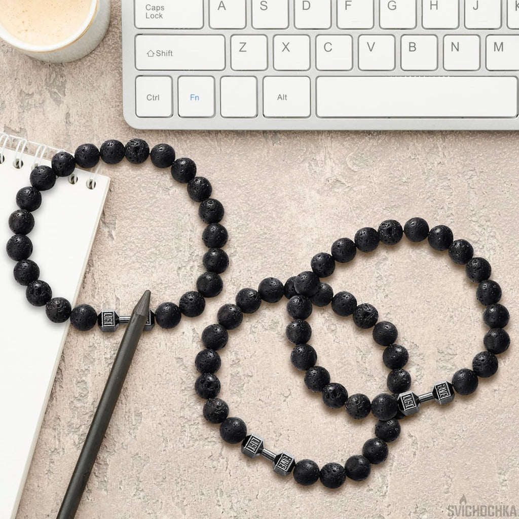 Lava Rock Bracelet - Stylish Matching Beaded Bracelets for Men & Women with Trendy Dumbbells, Comfortable Elastic Rope - Soothing Diffuser Bead Bracelet Men & Women