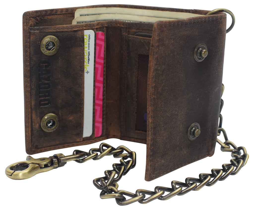 Portefeuille à chaîne pour motard en cuir vintage trifold avec blocage RFID pour homme CAZORO avec fermeture à pression (Marron)