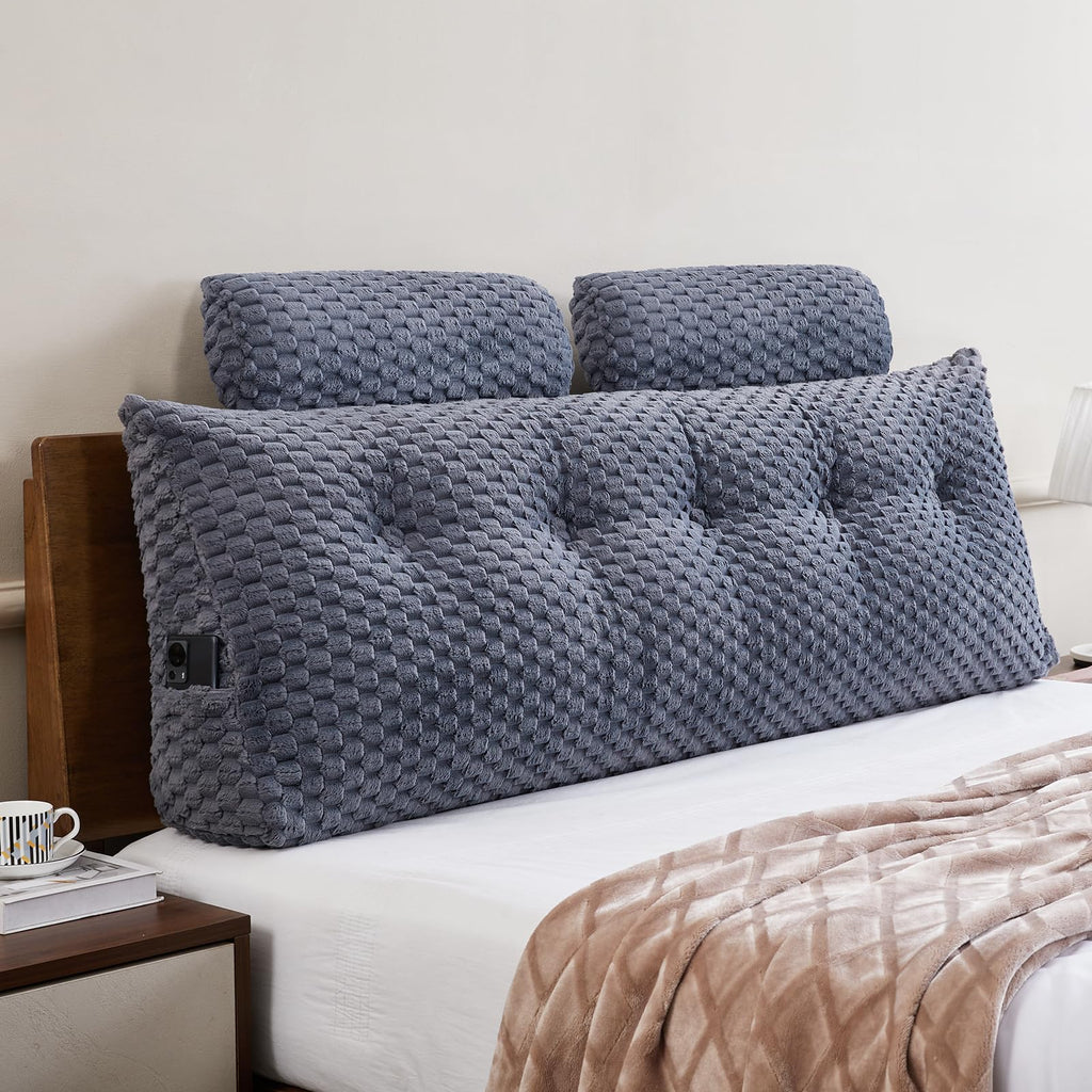 EUHAMS Wedge Headboard Pillow - Bed Wedge Pillow for Headboard Triangular Headboard Pillow with Neck Roll Pillow-Large Bolster for Sitting in Bed Backrest Positioning Support (Grey,59x8x20 Inches) - Grand Goldman