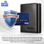 Portefeuille pour homme Enwaen avec chaîne, portefeuille trifold en cuir véritable, blocage RFID, chaîne anti-vol pour motard, moto (noir)