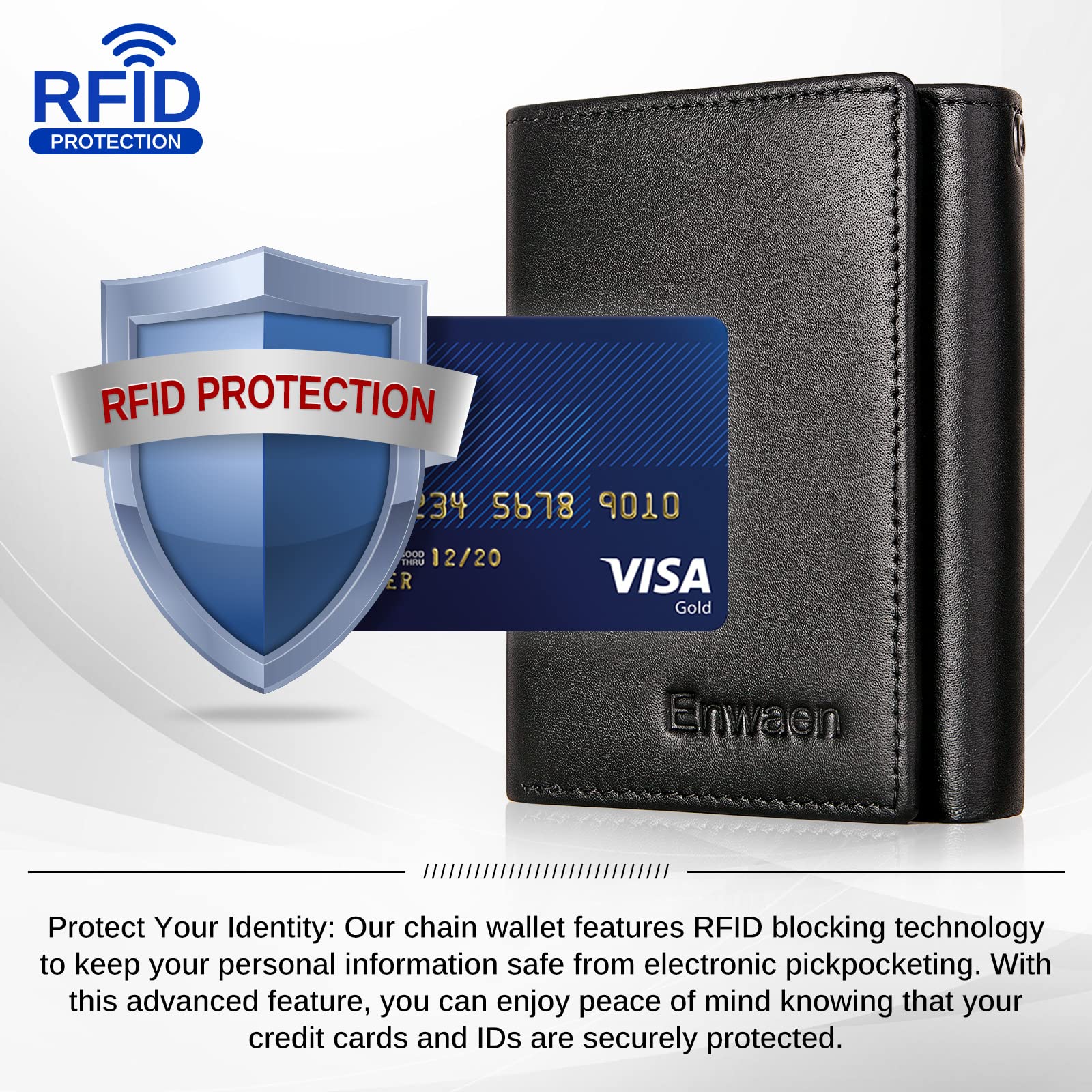Portefeuille pour homme Enwaen avec chaîne, portefeuille trifold en cuir véritable, blocage RFID, chaîne anti-vol pour motard, moto (noir)