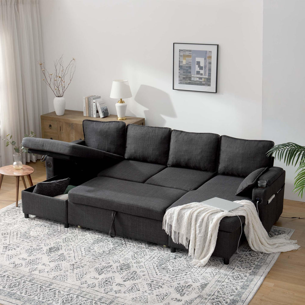 DURASPACE Sofa Bed, Sleeper Sofa Couch with Pullout Bed for Living Room, L Shaped Couch with Storage Chaise, USB, Cup Holder (Dark Gray)