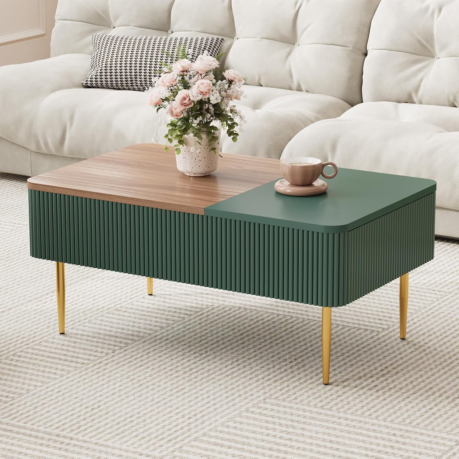 HLR 39" Lift Top Coffee Table with Hidden Storage Compartment, Modern Rising Wood Dining Center Table with Drawer for Small Space, Living Room, Office, Green