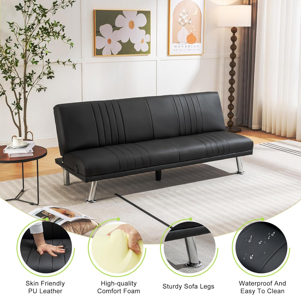 VECELO Modern Couch Bed, Convertible Sofa Bed/Folding Sleeper Couches Faux Leather Futon for Living Room, Futon Sofa Bed, Black