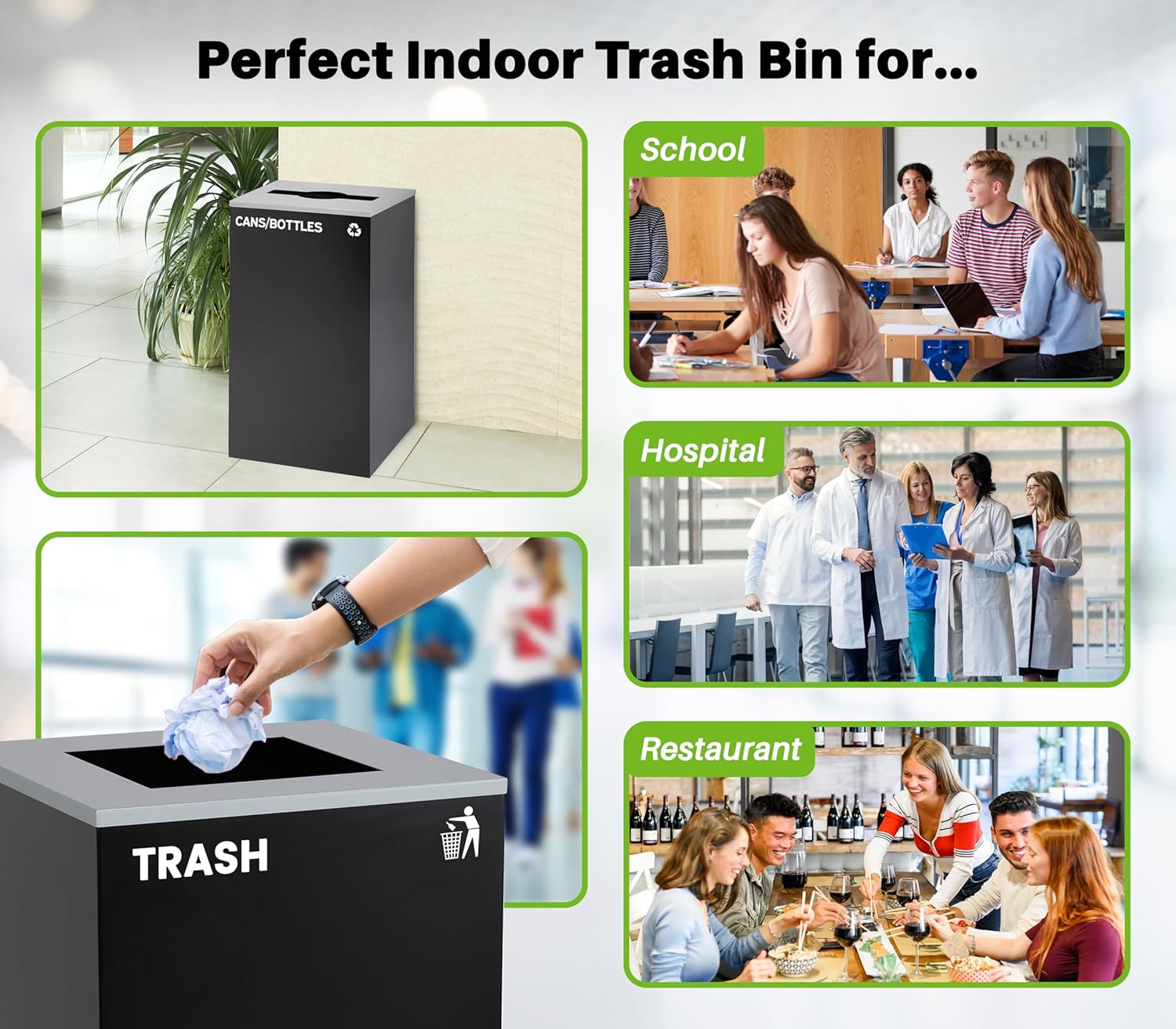 Alpine Commercial Indoor Recycle Bin - 29 Gallon Modern Looking Black Recycle Bin, Office Recycling Bins, Metal Trash and Recycling Container with Stickers & 3 Optional Lids (lid Sold Separately)