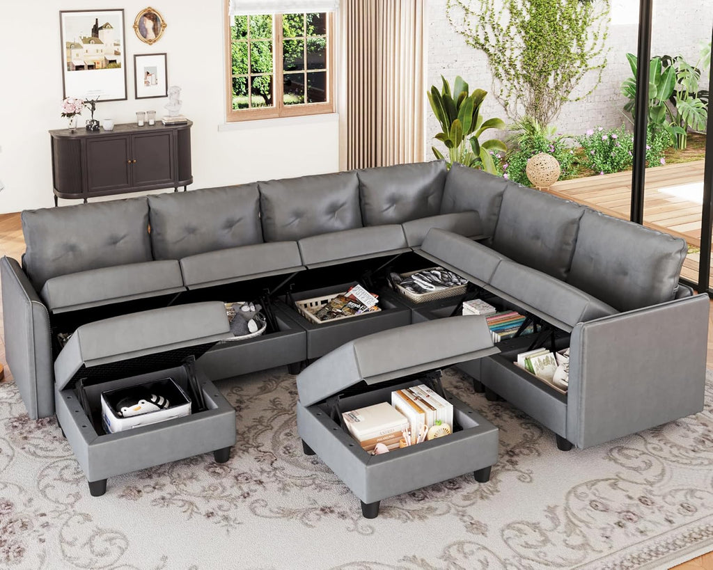 LLappuil Modular Sectional Sofa, Oversized U Shaped Sofa with Storage, Sectional Couch for Living Room, Faux Leather Fabric Waterproof Sofa, 7 Seats with Ottoman, Dark Grey