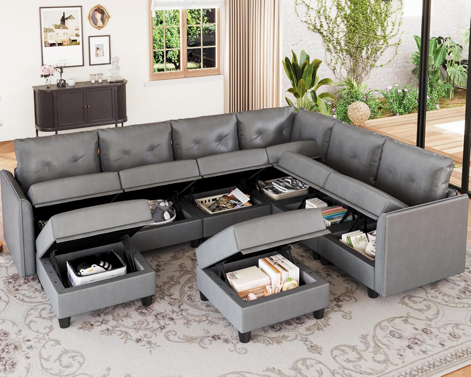 LLappuil Modular Sectional Sofa, Oversized U Shaped Sofa with Storage, Sectional Couch for Living Room, Faux Leather Fabric Waterproof Sofa, 7 Seats with Ottoman, Dark Grey