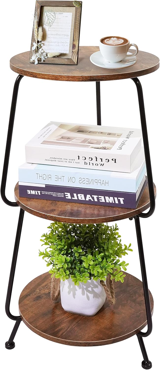 Small Side Table, 3 Tier Round End Table Slim Accent Table Industrial Vintage Nightstand, Metal Frame and Rustic Wood Coffee Table for Small Spaces, Bedroom, Living Room (Brown)
