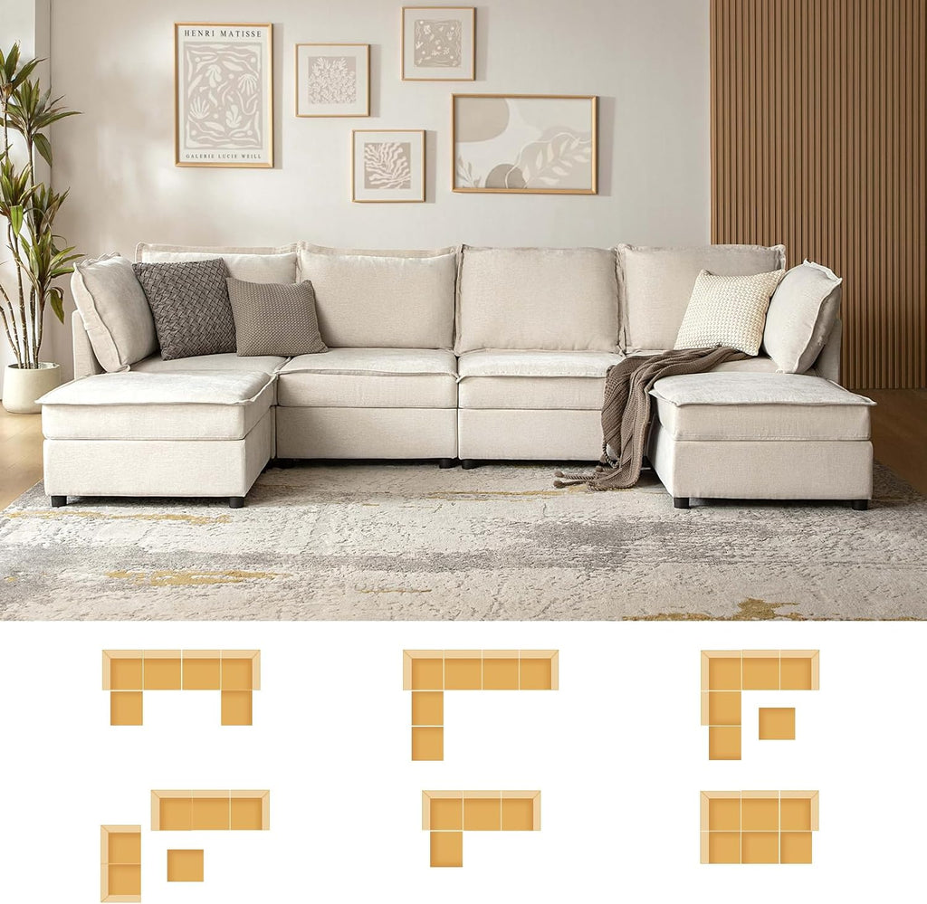 HULALA HOME 127'' Modular Sectional Sofa, Oversized U Shaped Couch with Storage Ottoman, Extra Deep Seat, Modern Comfy Chenille Sofa with Chaise, 6 Seat Convertible Couches for Living Room, Beige