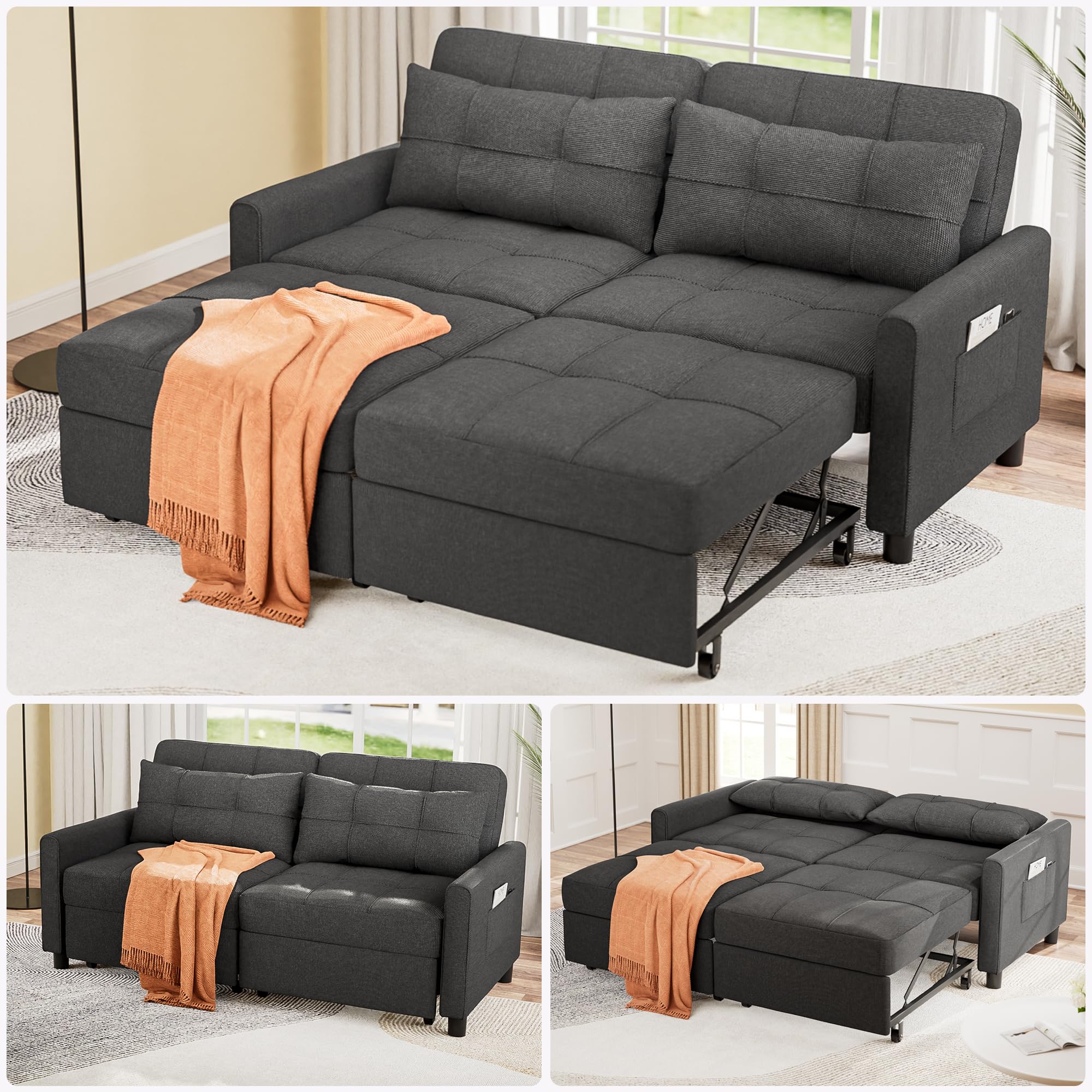 Aiho Sectional Sleeper Sofa, 84 Inch Pull Out Couch with Adjustment Backrest & Ottoman, Convertible Sectional Couch Bed for Living Room, Guest Room, Dark Grey