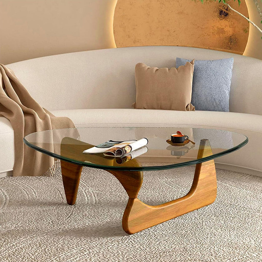 Coffee Tables for Living Room - Triangle Glass Coffee Table with Wooden Base Mid-Century Modern Abstract End Table for Study Room Office Hotel Balcony (Walnut Transparent, Small 32.2 * 22.4 * 16in)