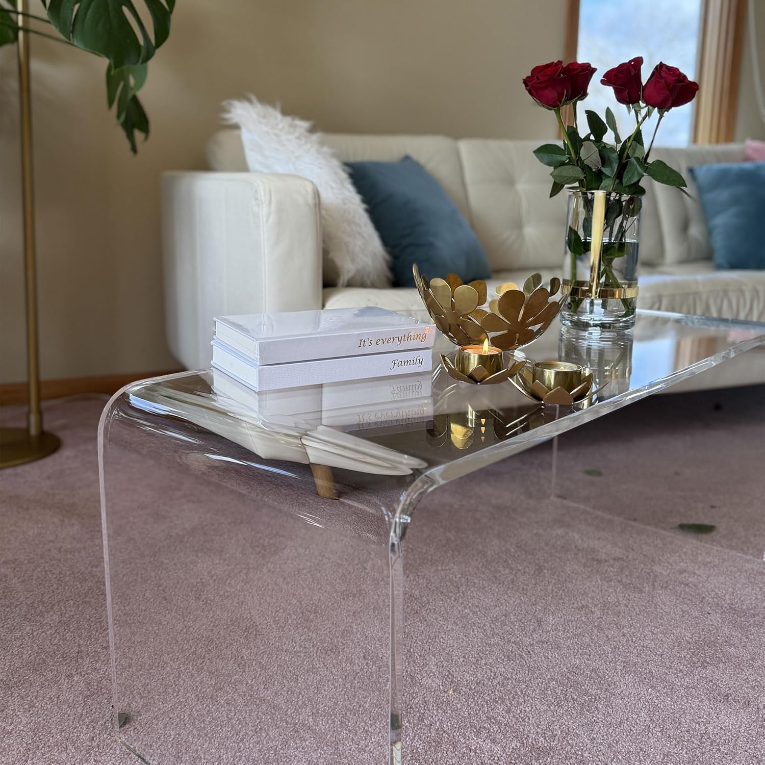 HOMCOM 0.6" Thick Acrylic Coffee Table, 39.25" Long Rectangle Waterfall Coffee Table, Clear