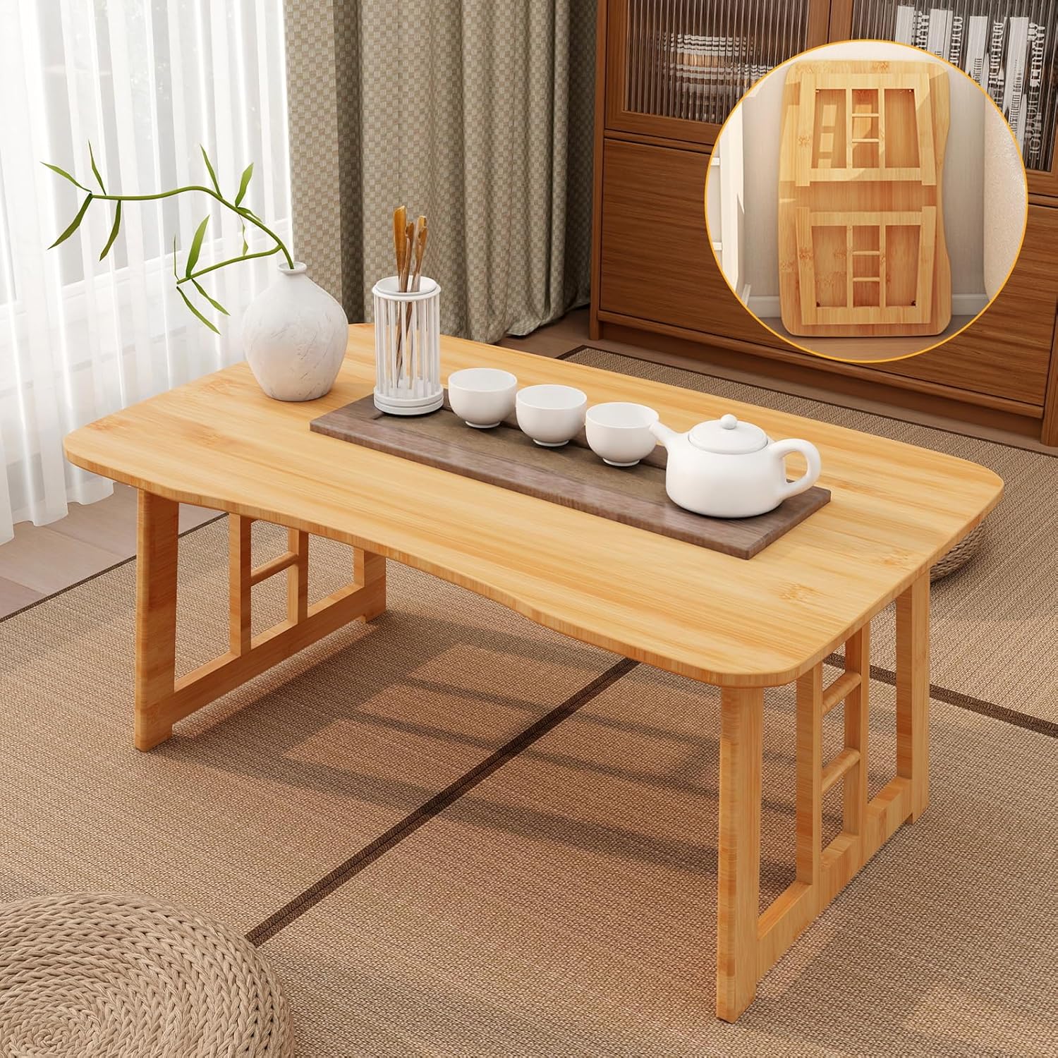Japanese Folding Coffee Table,Bamboo Foldable Floor Low Table,Chabudai Tea Table for Sitting Tatami Living Room Bay Window,No Assembly (Wood)