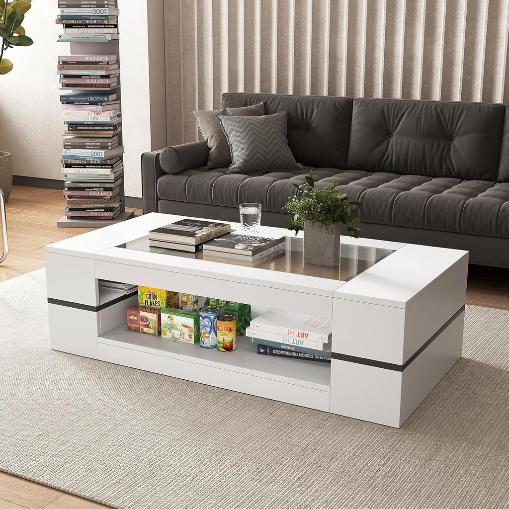 47.2" Modern Stylish Coffee Table with Glass Table Top, Large Living Room Table Rectangular 2-Tier Center Tables with Storage, Wooden Tea Tables for Dining Reception Room, White