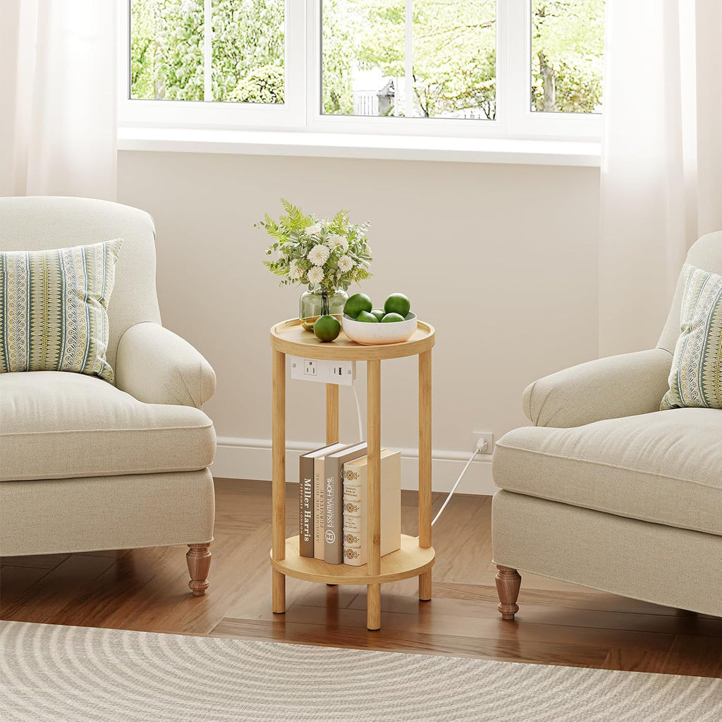 HOOBRO Small Round Side Table with Charging Station, 2-Tier Round Bamboo End Table, Compact Sofa Bedside Table for Small Space, Easy Assembly, for Living Room, Bedroom, Apartment, Natural YL156UBZ01