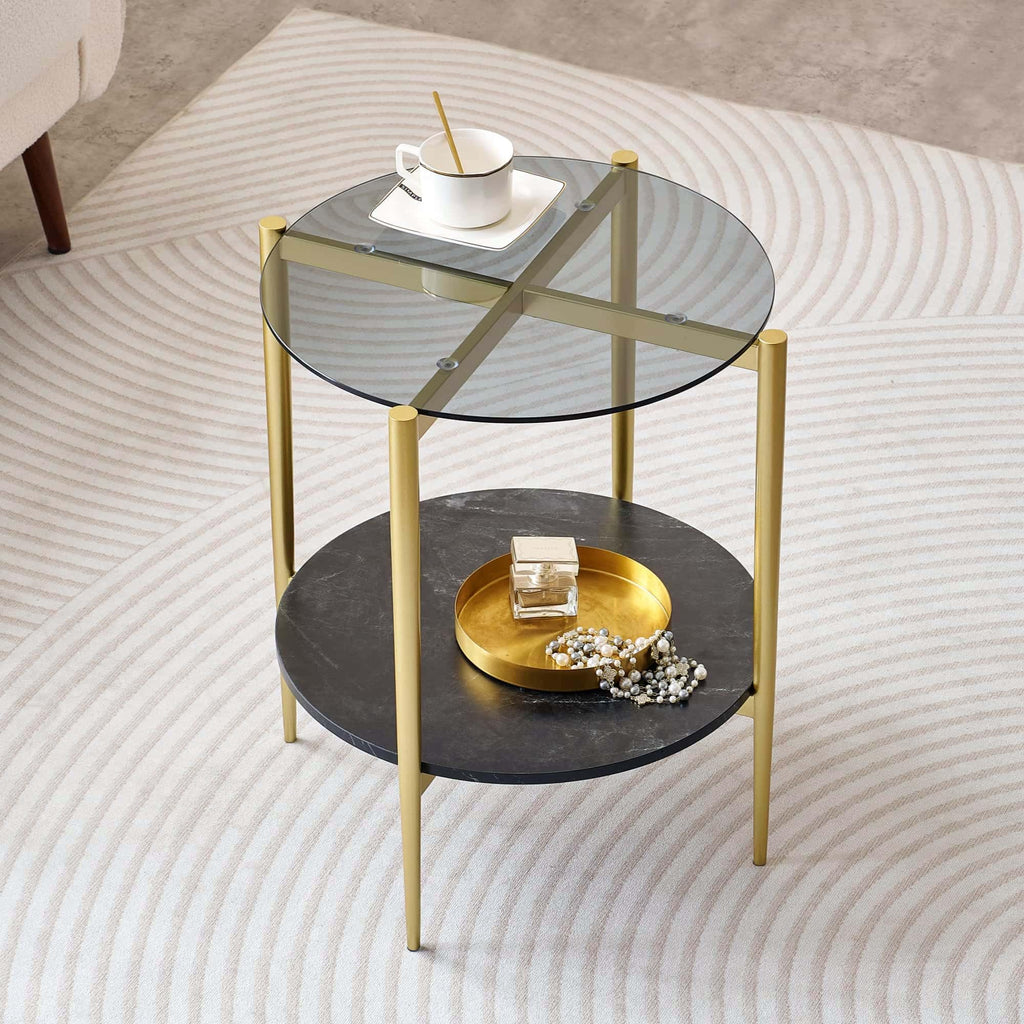 Round Coffee Table, Mid-Century Modern Design, D30 x H17, for Living Room, 2-Tier Structure, Amber Glass Top and Walnut MDF Shelf, Sleek Conical Metal Legs with Gold Finish