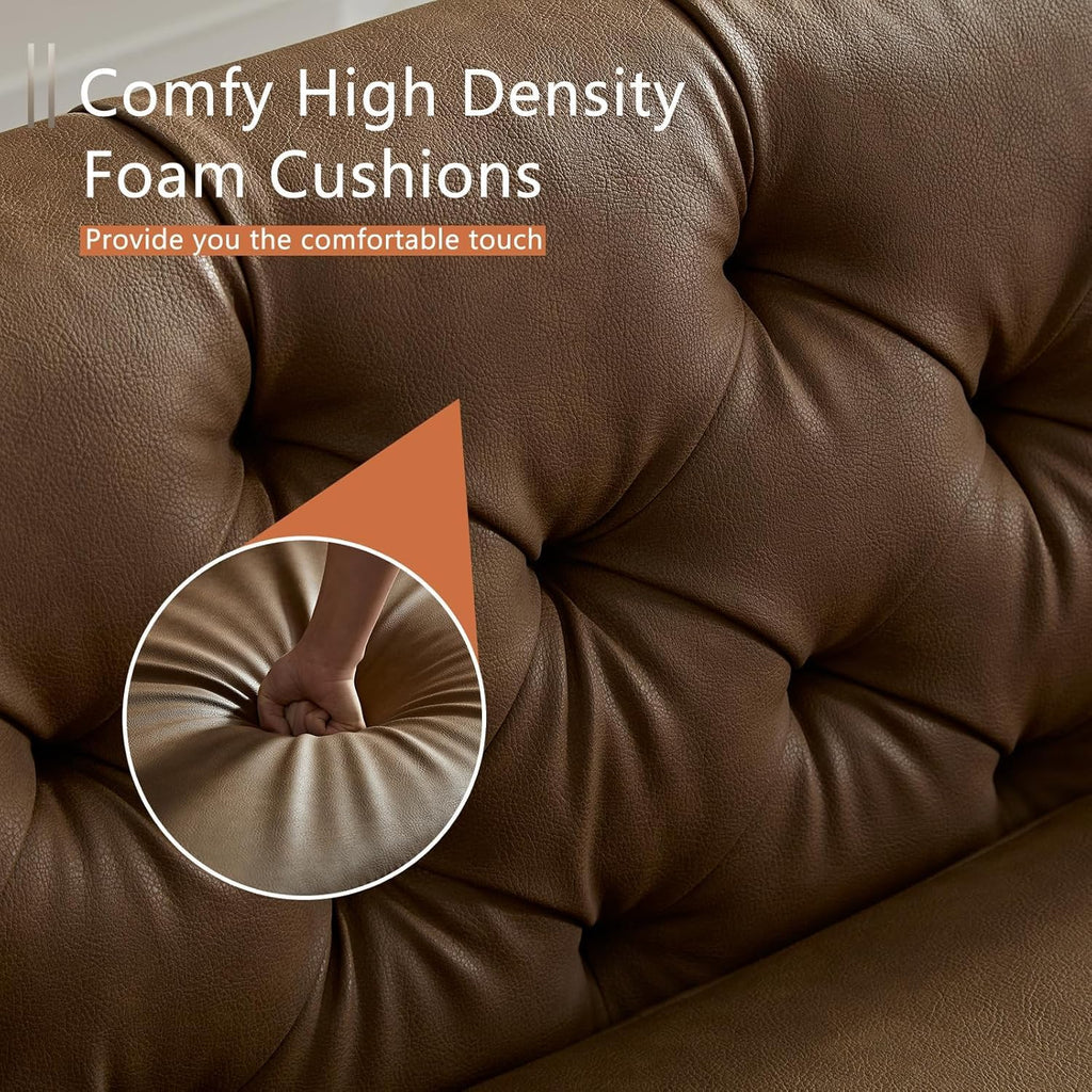 90.5" Mid-Century Modern Sofa Leather Couch, 3-Seater Tuxedo Tufted Couch, Vintage Luxury Chesterfield Sofas with Metal Legs, Modern Upholstered Couches for Living Room, Apartment, Office, Brown