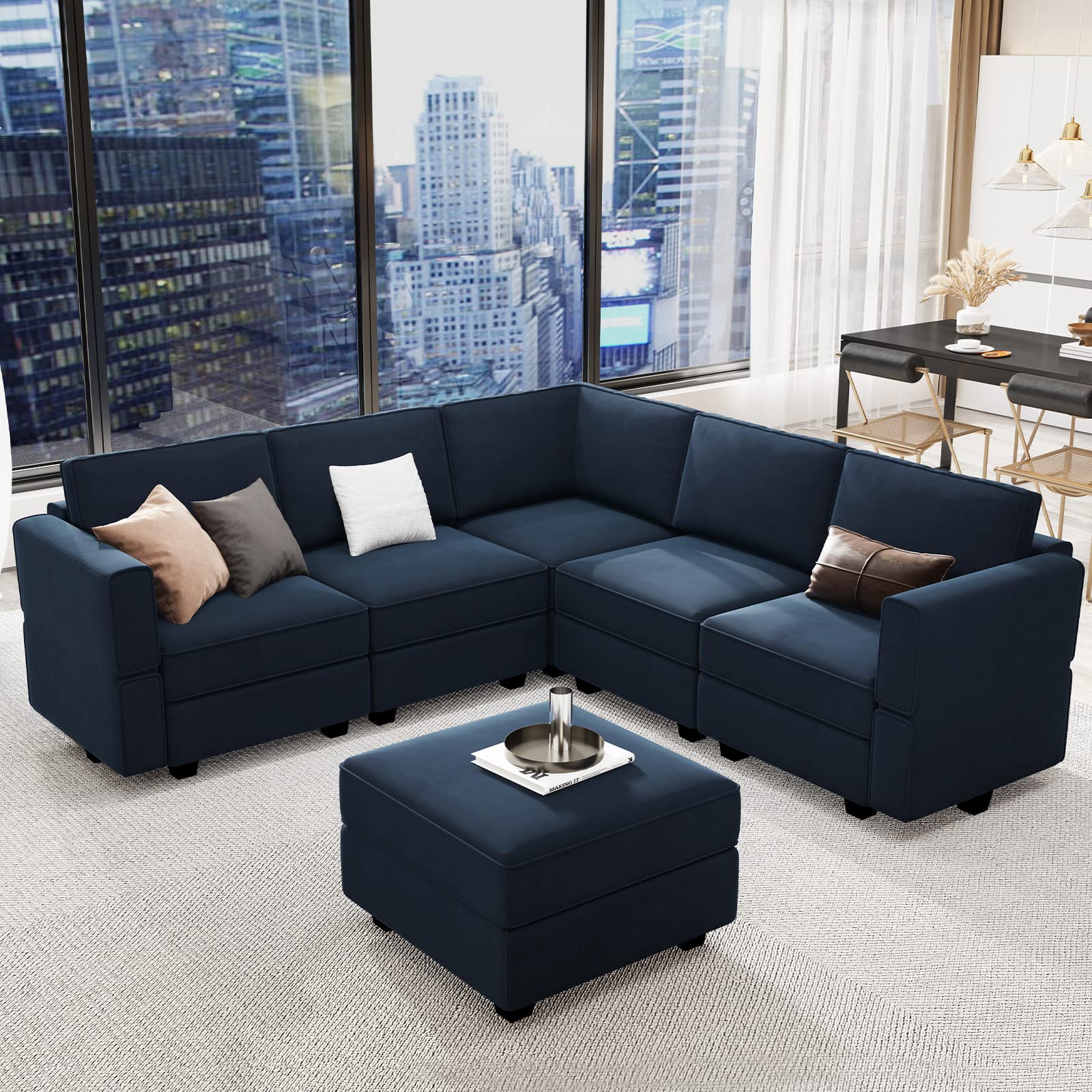 Belffin Modular Sectional Sofa with Ottomans Velvet Reversible Sleeper Sectional Sofa with Chaise Modular Sleeper Sofa Bed with Storage Seat Blue