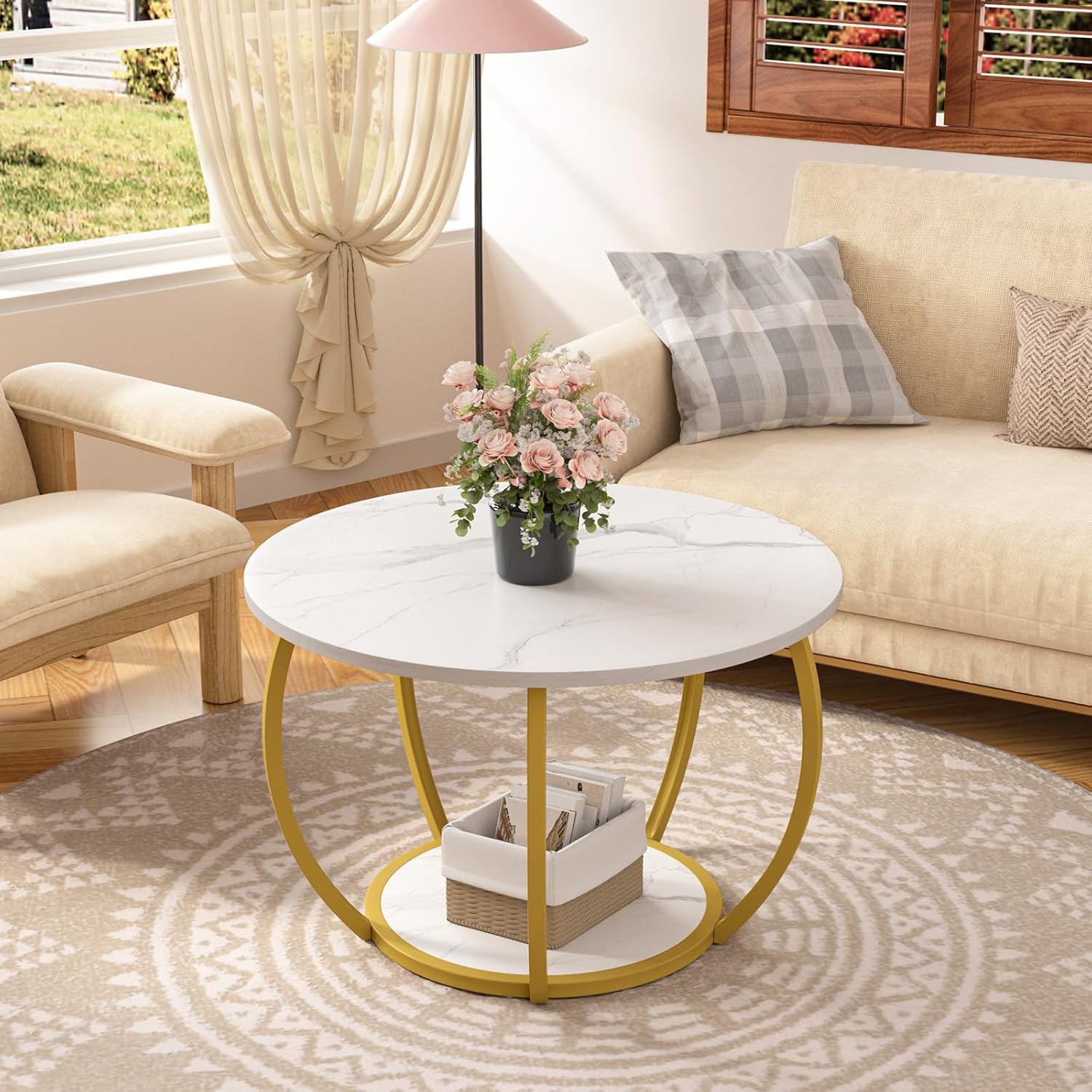 GreenForest Round Coffee Table with Storage, 27.6 inch Small Living Room Tables with Adjustable Feet, 2-Tier Farmhouse Center Table for Home Office, Marble