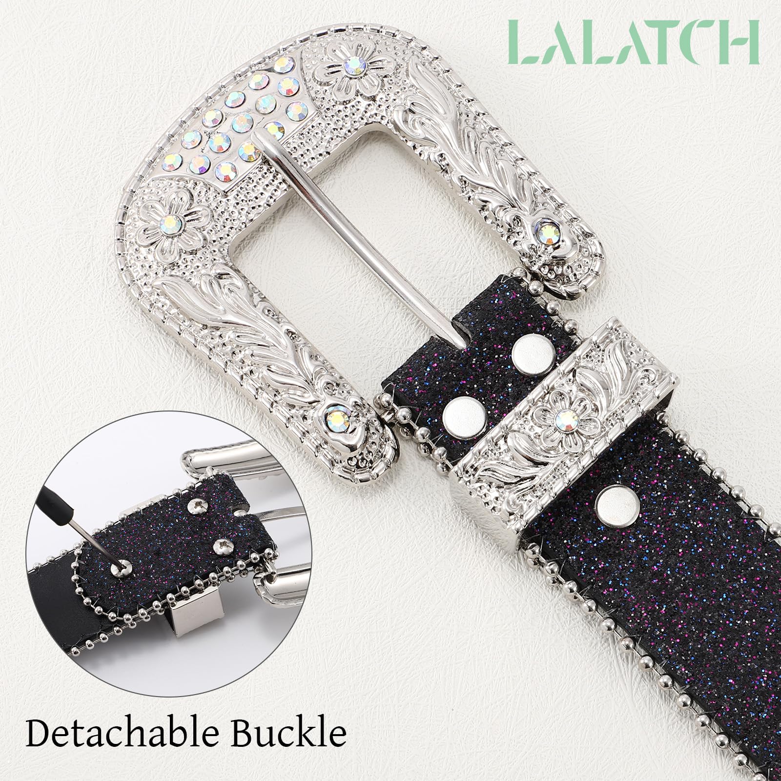 LALATCH Rhinestone Belt for Men Women, Cowboy Cowgirl Bling Western Diamond Leather for Jeans Pants, Silvery Rhinestone/Black