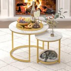 Nesting Coffee Table Set of 2,23.6" Modern Round Coffee Table with Gold Metal Frame,White Nesting Circle Patio Coffee Table Set of 2 for Living Room Garden Bedroom (White)