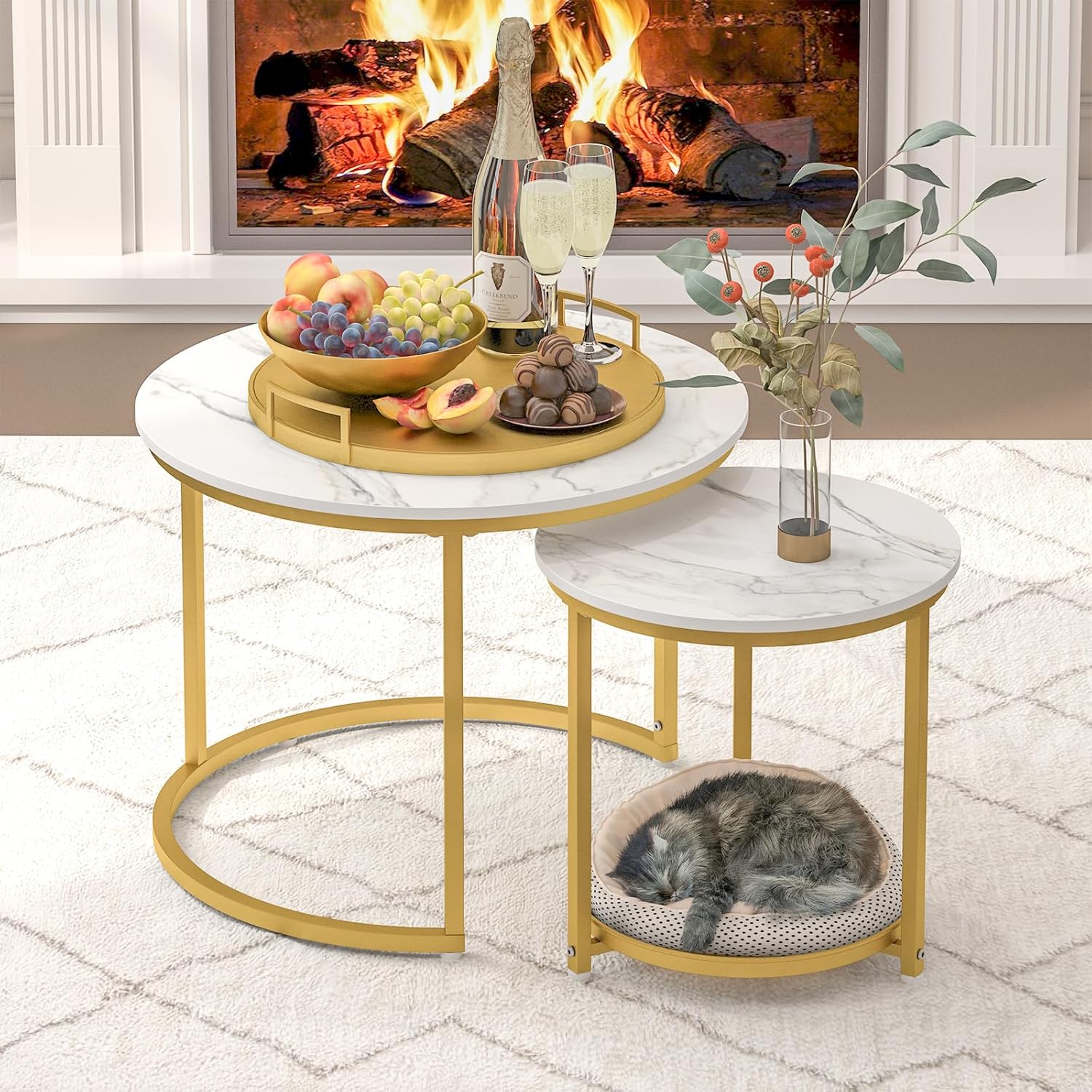Nesting Coffee Table Set of 2,23.6" Modern Round Coffee Table with Gold Metal Frame,White Nesting Circle Patio Coffee Table Set of 2 for Living Room Garden Bedroom (White)