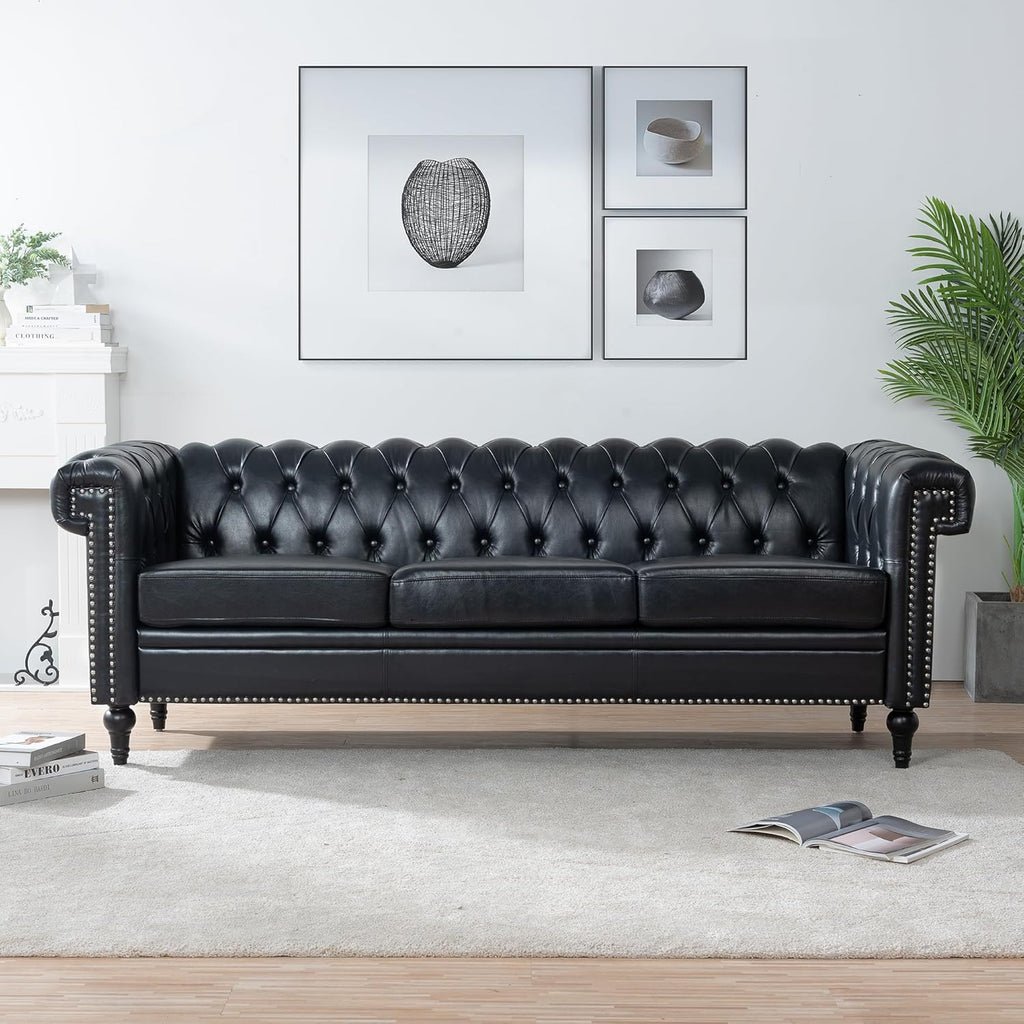 Ball & Cast 83" Chesterfield Leather Sofa with Channel Tufted Seat Back,Removable Square Arm Nailhead Trim Classic 3 Seater Couch,Mid Centuryfor Living Room,Bedroom,Office,Black PU