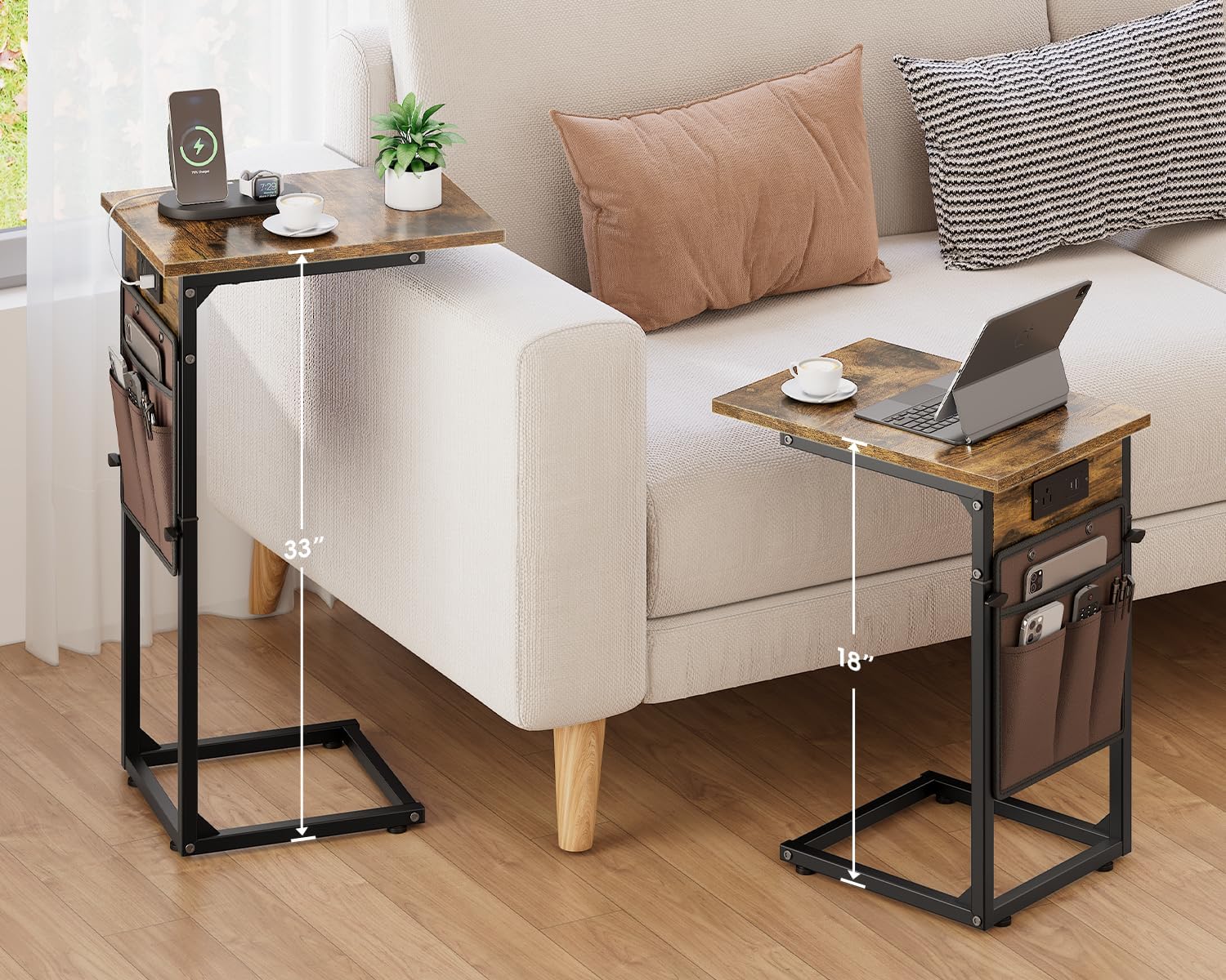 Vagusicc C Shaped End Table with Charging Station, Adjustable Height Side Table for Couch, Small Sofa Table with Storage Bag, Slide Under Sofa TV Tray Snack Arm Tables for Living Room, Bedroom, Brown