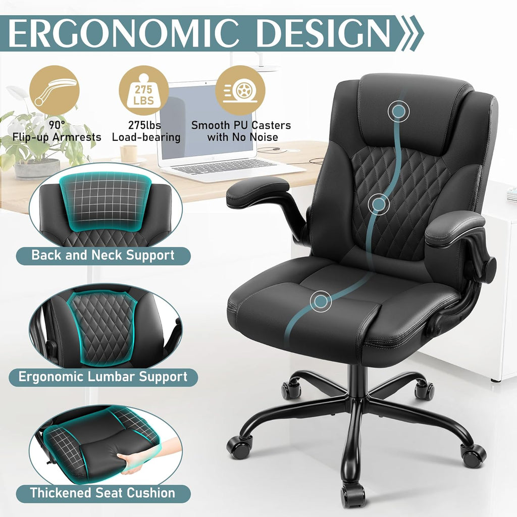 Leather Office Chair, PU Home Computer Desk Chairs with Ergonomic Back Support, 360°Swivel Free，Small Gaming Chair with Wheels and Adjustable Armrests, for Short People Use, Black