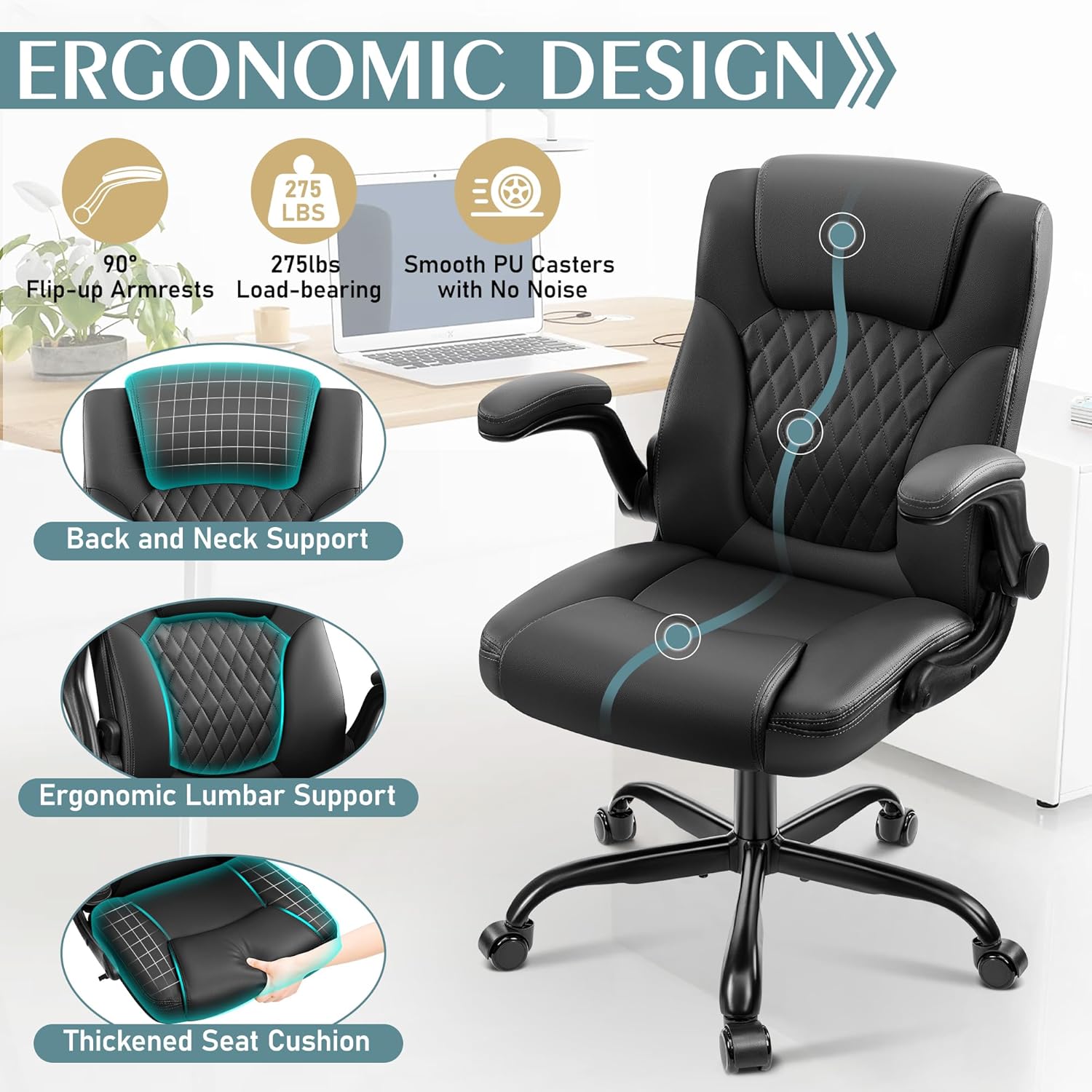Leather Office Chair, PU Home Computer Desk Chairs with Ergonomic Back Support, 360°Swivel Free，Small Gaming Chair with Wheels and Adjustable Armrests, for Short People Use, Black
