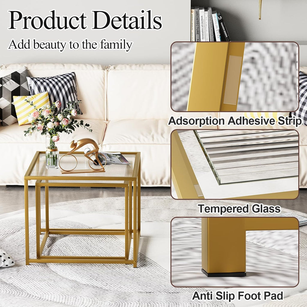 VILAWLENCE Coffee Table Set of 2, Modern Gold Glass Side Table, Metal Frame Square End Table, Center Tables, Nesting Coffee Table for Living Room, Bedroom and Small Spaces, 23.6in