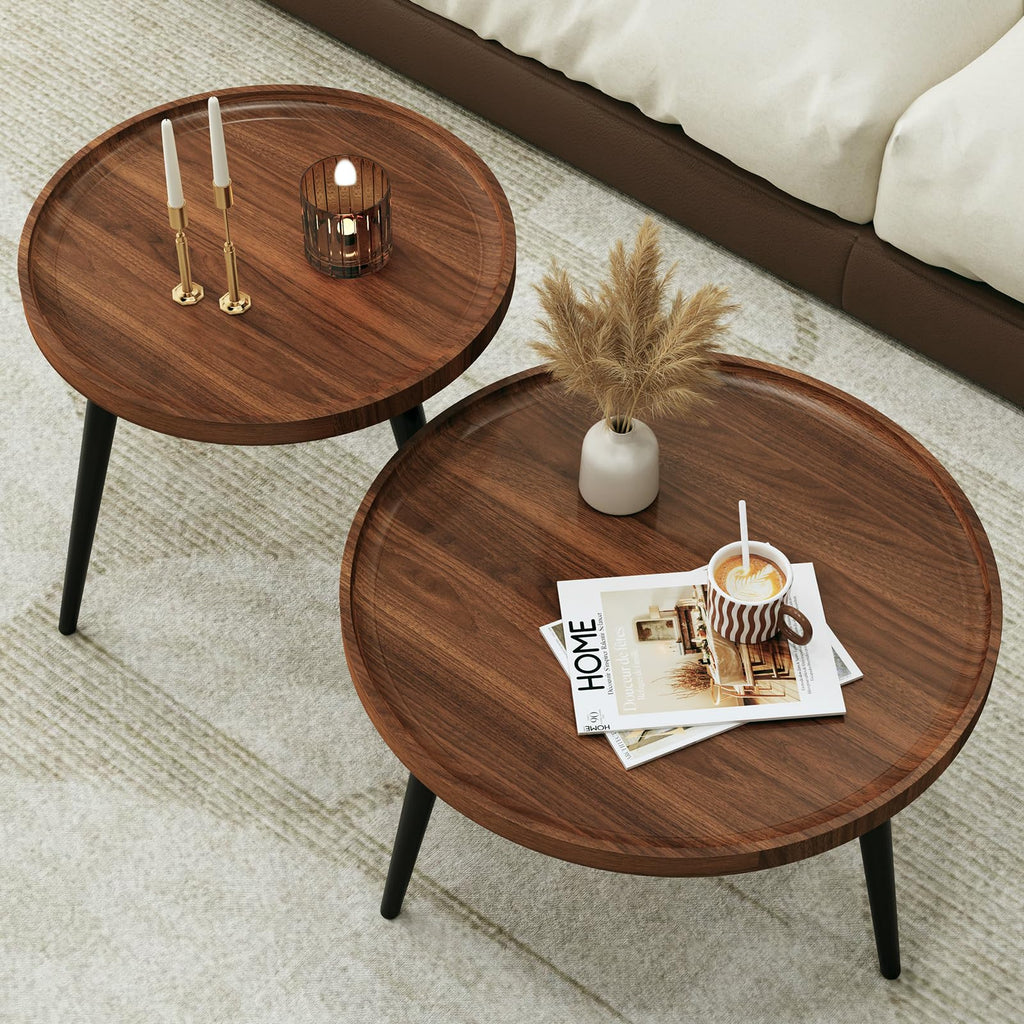 2-Piece Walnut Coffee Table,Durable Mid Century Small Round Coffee Tables for Living Room,Easy Assembly Modern Nesting Coffee Tables Set,Circle Side Tables for Sofa Bedside Balcony