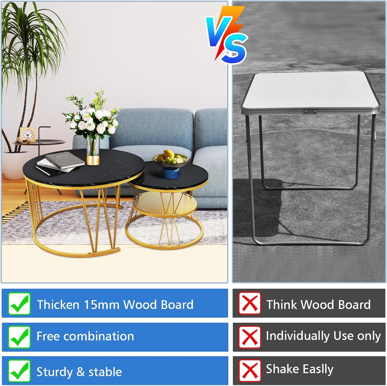 Round Nesting Coffee Tables Set: Black Gold Marble Coffee Table Set of 2 - Modern Metal Stacking Side Table for Living Room Small Spaces