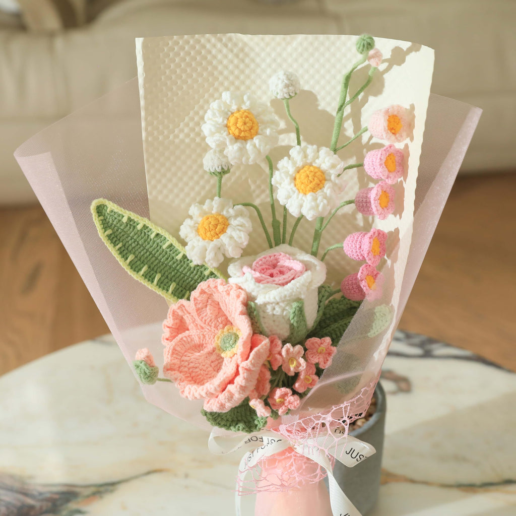 Crochet Flower Pot Forget-me-not Pink Thank You Crochet Gifts for Women Coworker Graduation & Mother's Day Gift Pink Crochet Potted Flower for Women Teacher| Handmade Knitted Potted Plant