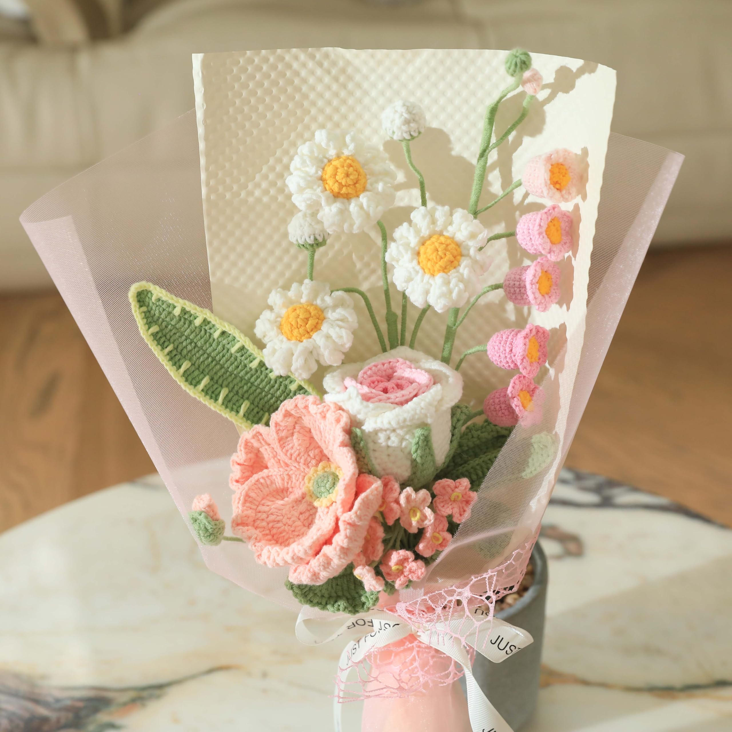 Crochet Flower Pot Forget-me-not Pink Thank You Crochet Gifts for Women Coworker Graduation & Mother's Day Gift Pink Crochet Potted Flower for Women Teacher| Handmade Knitted Potted Plant