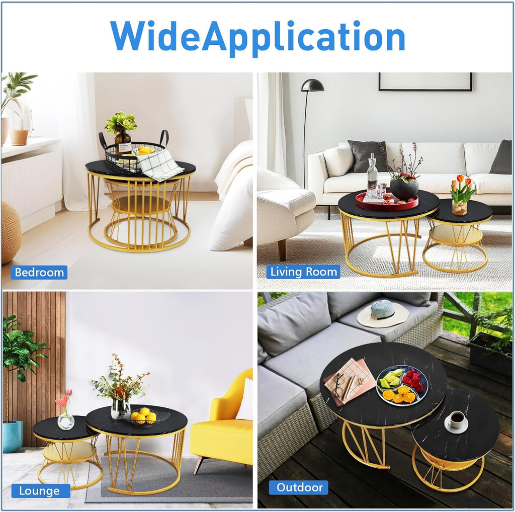 Round Nesting Coffee Tables Set: Black Gold Marble Coffee Table Set of 2 - Modern Metal Stacking Side Table for Living Room Small Spaces