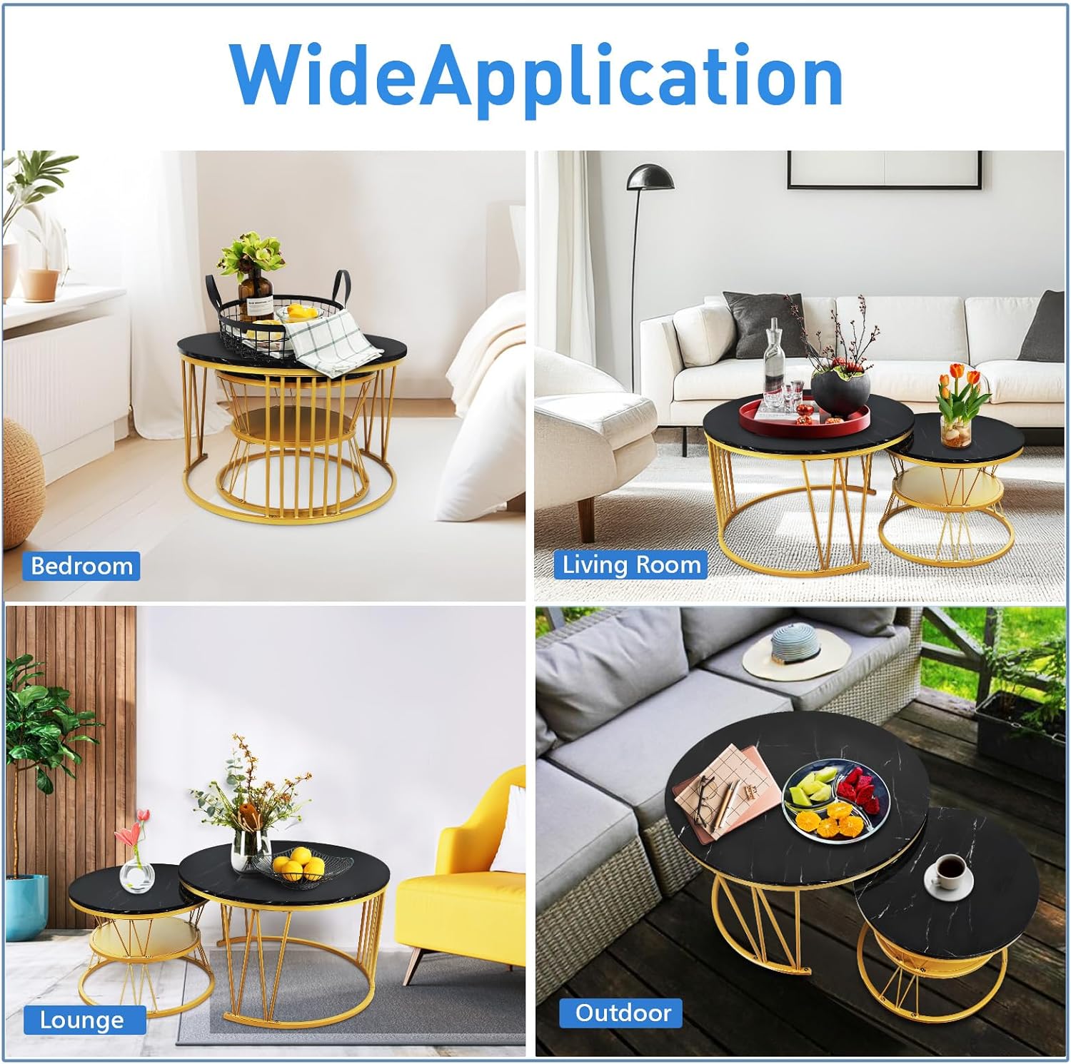 Round Nesting Coffee Tables Set: Black Gold Marble Coffee Table Set of 2 - Modern Metal Stacking Side Table for Living Room Small Spaces