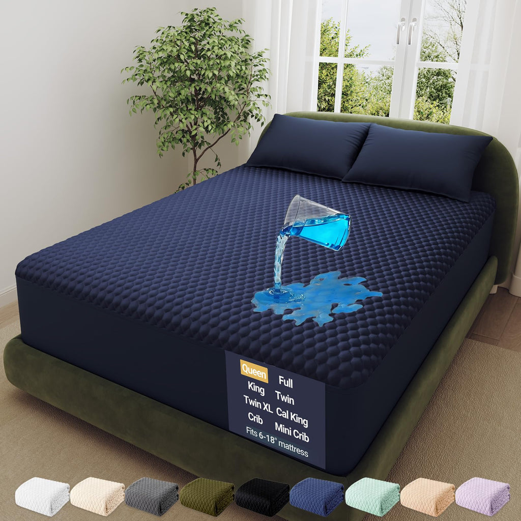 OhGeni 100% Waterproof Queen Size Mattress Protector,Soft Mattress Pad, Cooling Breathable Fitted Sheets,Washable Bed Cover,Non-Slip Deep Pocket,Noiseless for Bedroom